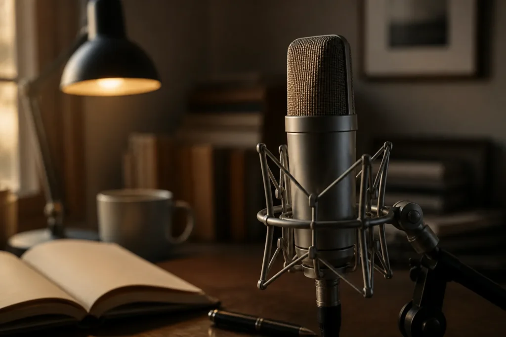 A cinematic close-up of a premium studio microphone in a quiet writing room, with soft warm lighting, shallow depth of field, and subtle reflections s...