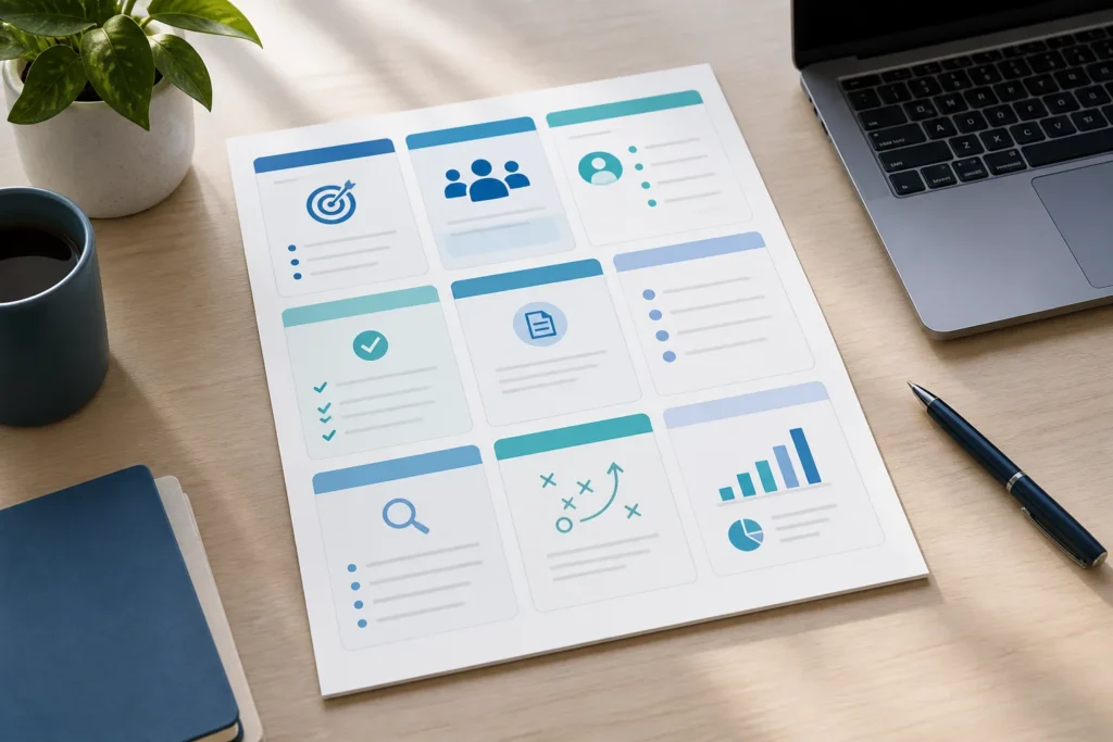 A polished content brief document resting on a clean desk beside a laptop, with nine neatly arranged visual sections represented by subtle colored blo...