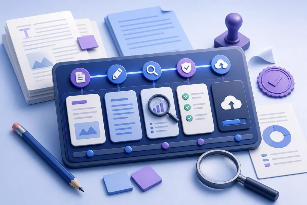 A polished editorial workflow control panel as the single subject, surrounded by subtle visual cues for drafting, editing, SEO analysis, approvals, an...
