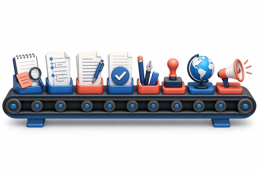 A polished editorial workflow icon: a single seamless conveyor belt carrying a manuscript through eight distinct stages, symbolized by research notes,...