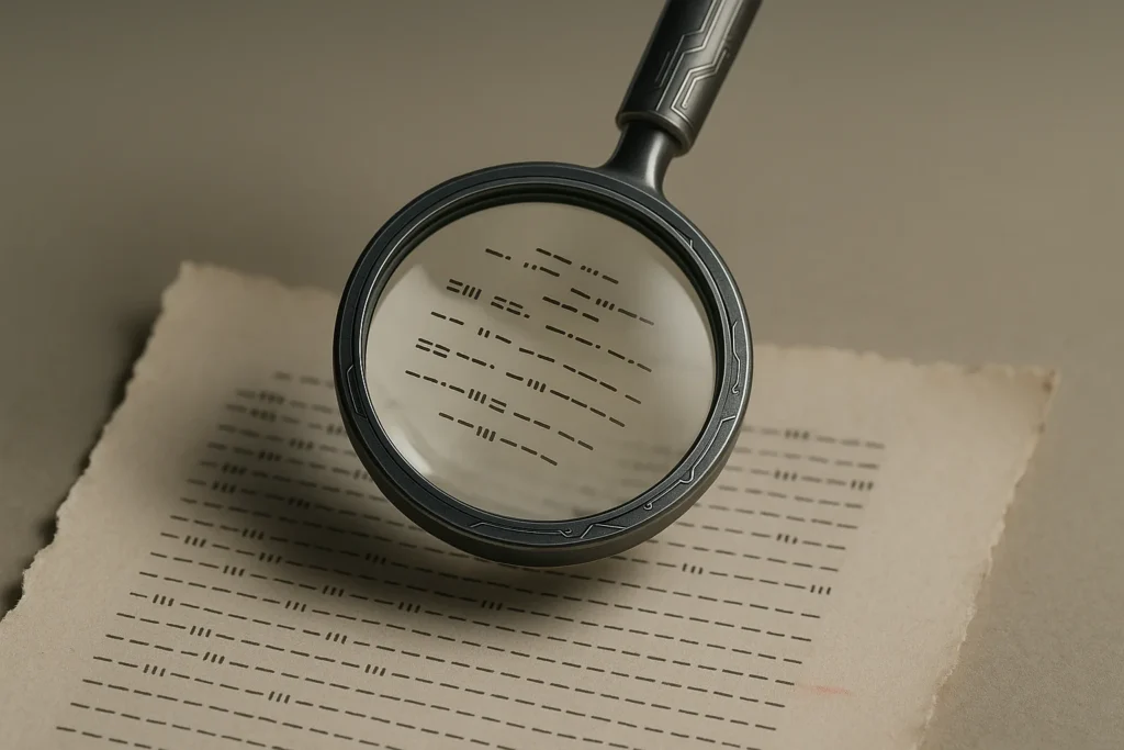 A single object: a sleek metallic magnifying glass with subtle circuit patterns, hovering above a torn manuscript page showing tiny repeating trio blo...