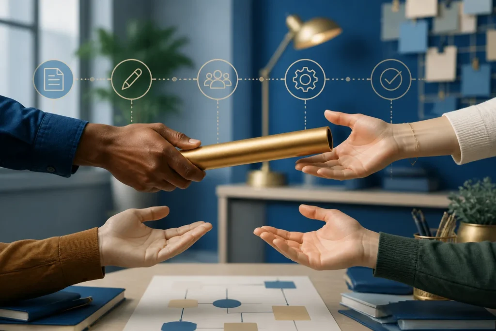 Create a clean editorial-style image of a project workflow baton being passed between diverse hands, symbolizing roles, responsibilities, collaboratio...