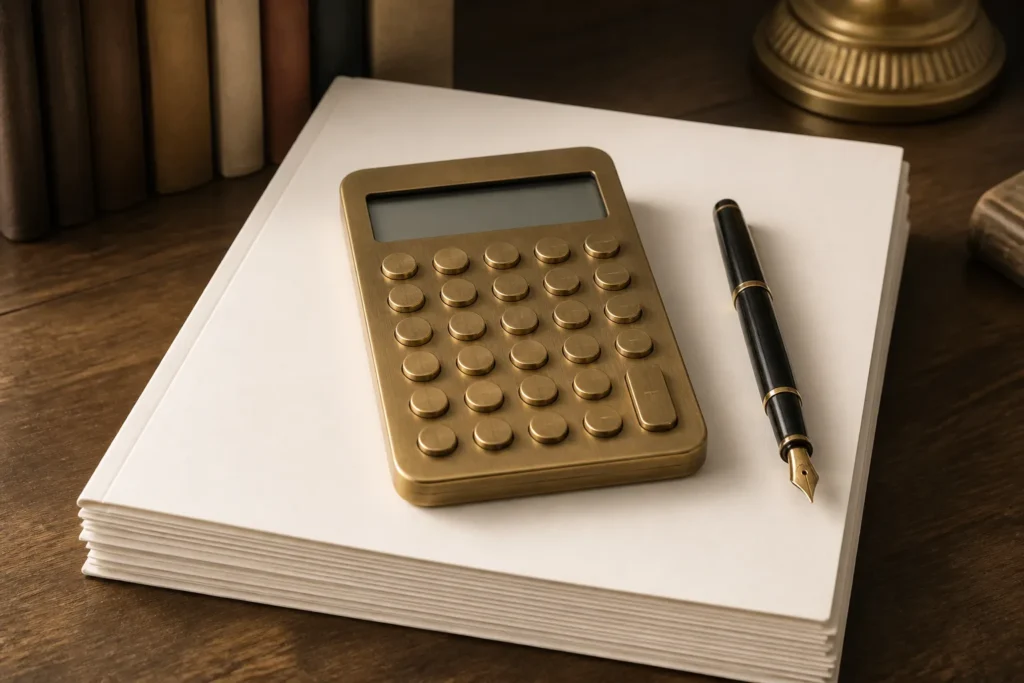 Create a photorealistic editorial image of a single elegant brass calculator resting on a stack of blank manuscript pages beside a fountain pen, symbo...