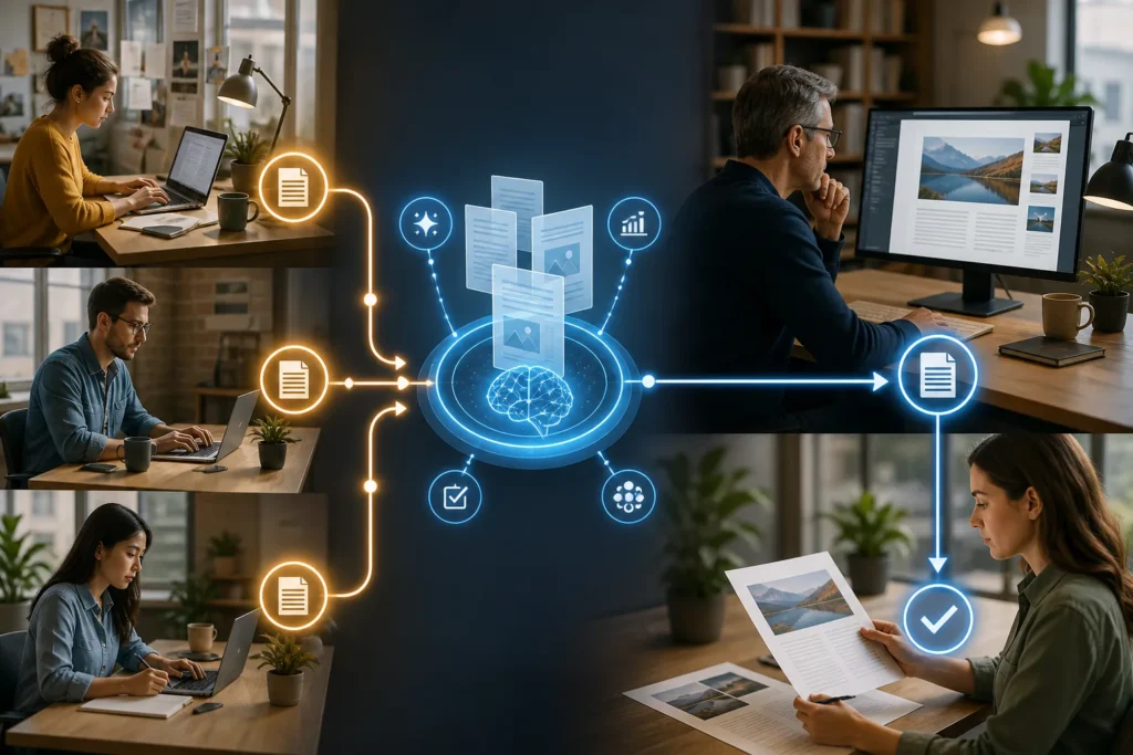 How to Build a Content Workflow That Scales Past One Writer - Editorial workspace with a scalable content workflow: multiple writers’ desks feeding drafts into an AI-assisted hub, an editor reviewing pages, and a...