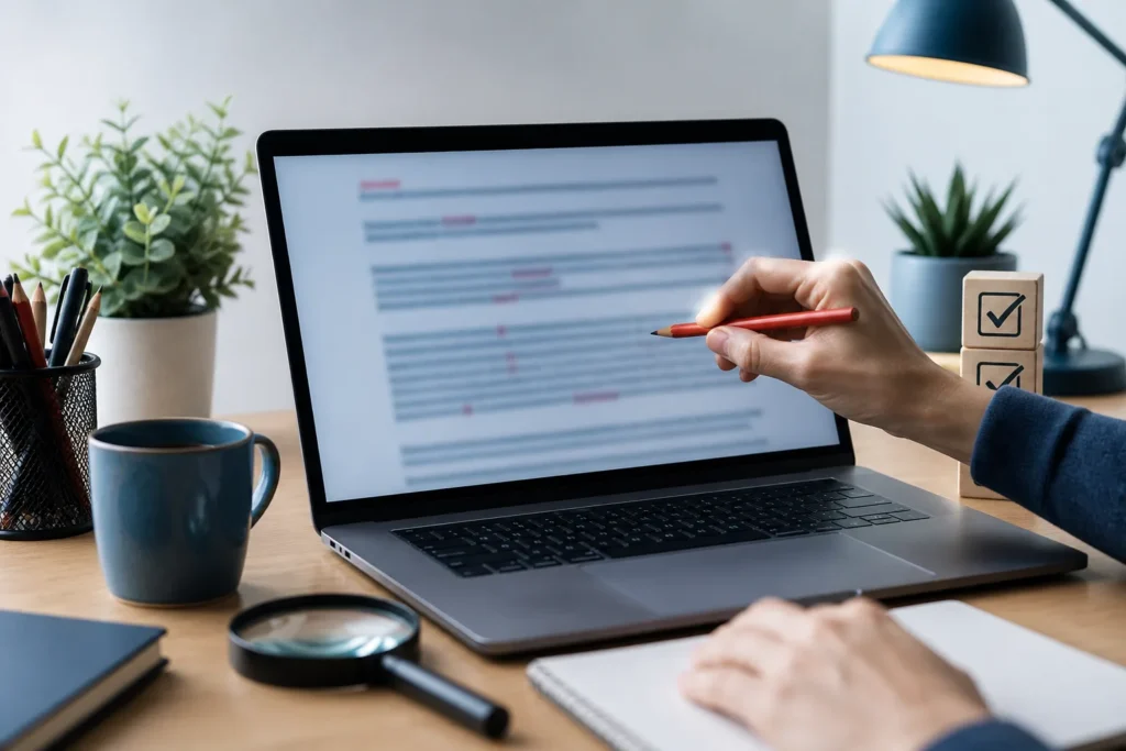 How to Edit AI Generated Content Before You Publish It - A realistic editorial still life of a laptop displaying an abstract, blurred draft being refined by a human hand with a red editing pen, alongside a m...