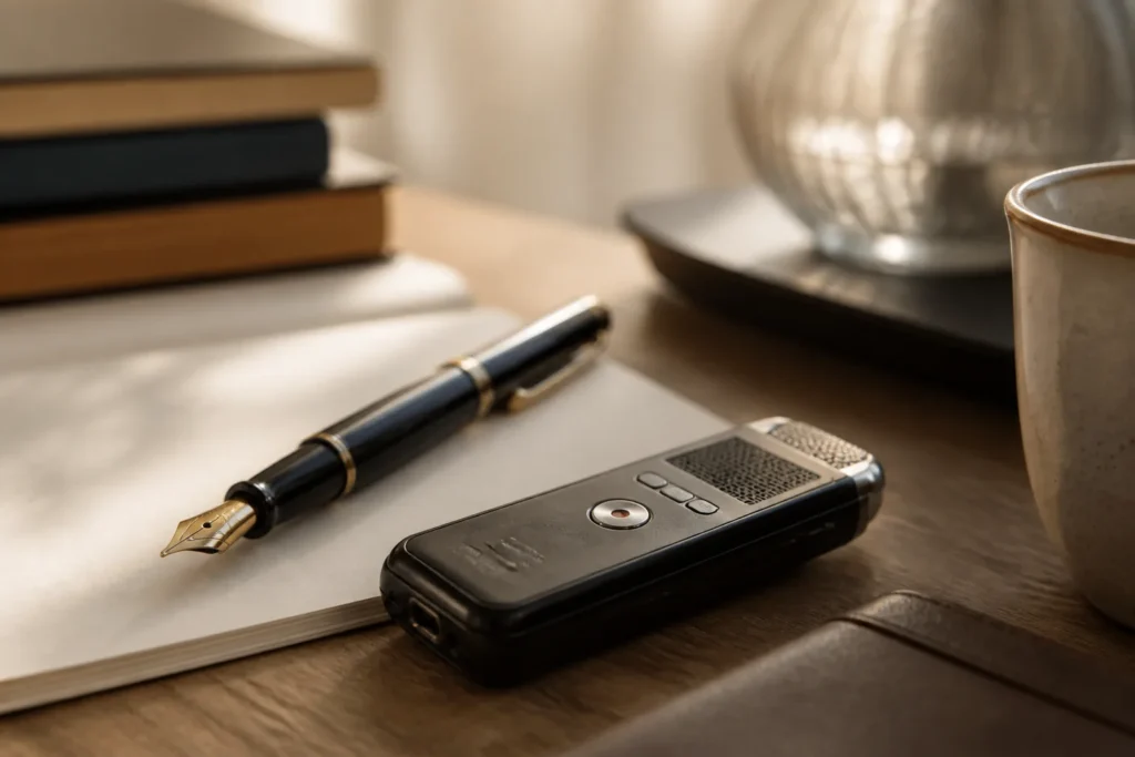 How to Hire a Ghostwriter That Captures Your Voice - Create a polished editorial image featuring a vintage fountain pen resting beside a small voice recorder on a clean desk, symbolizing a ghostwriter ca...