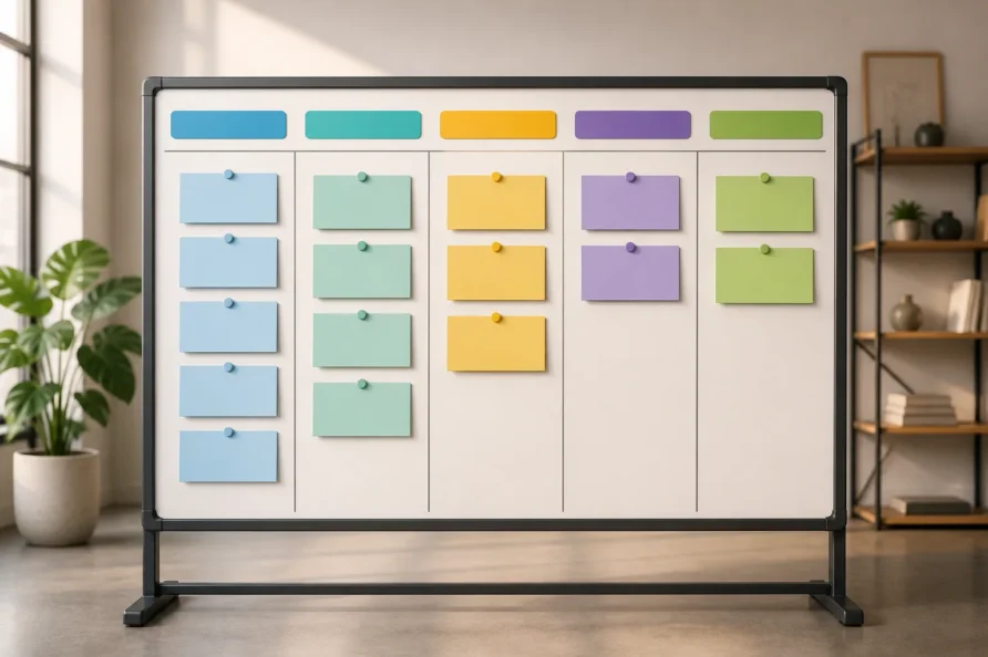 What a Real Content Workflow Looks Like from Brief to Publish - A clean editorial kanban board as the sole subject, shown in a modern studio setting, with blank color-coded cards progressing through columns from br...