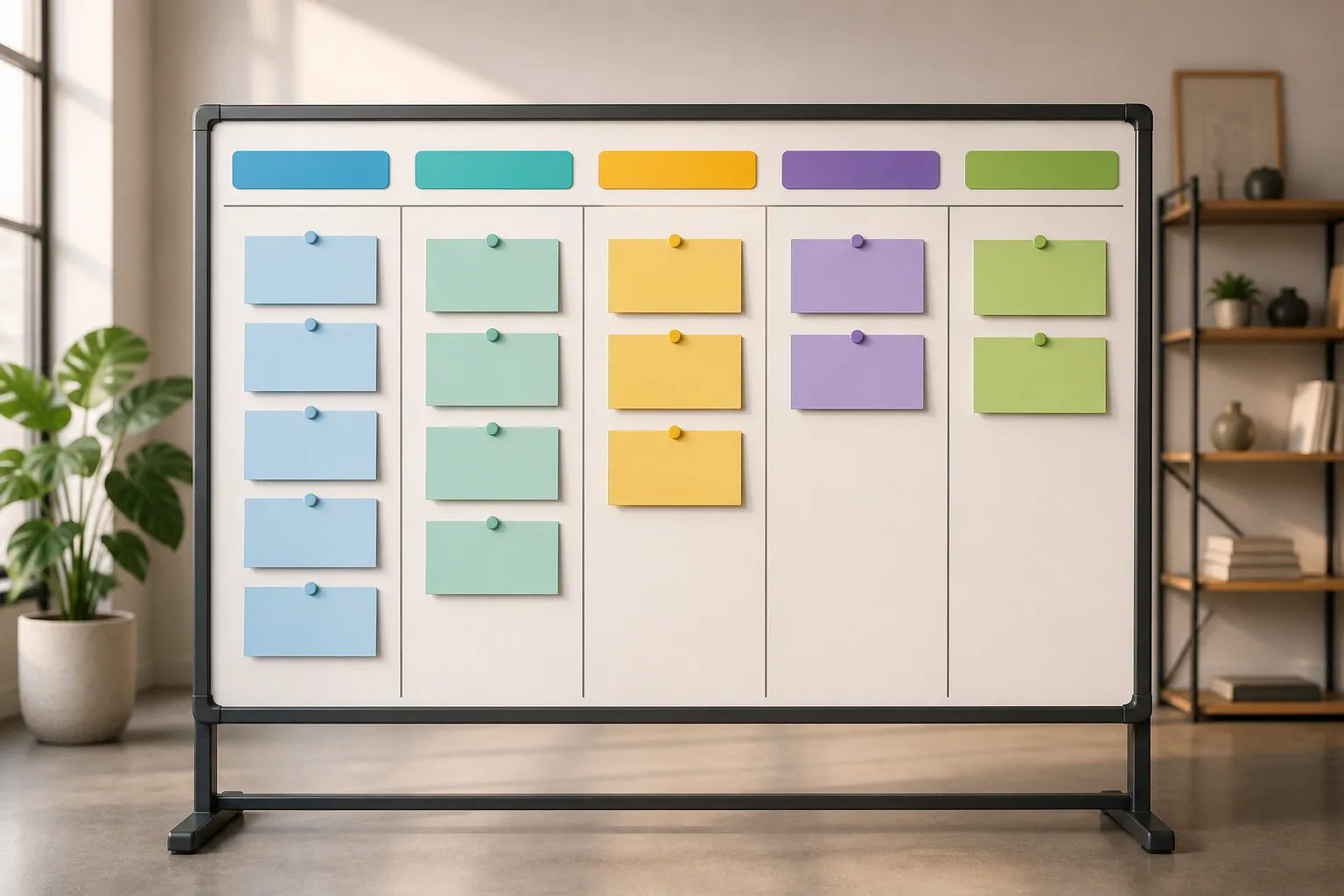 What a Real Content Workflow Looks Like from Brief to Publish - A clean editorial kanban board as the sole subject, shown in a modern studio setting, with blank color-coded cards progressing through columns from br...