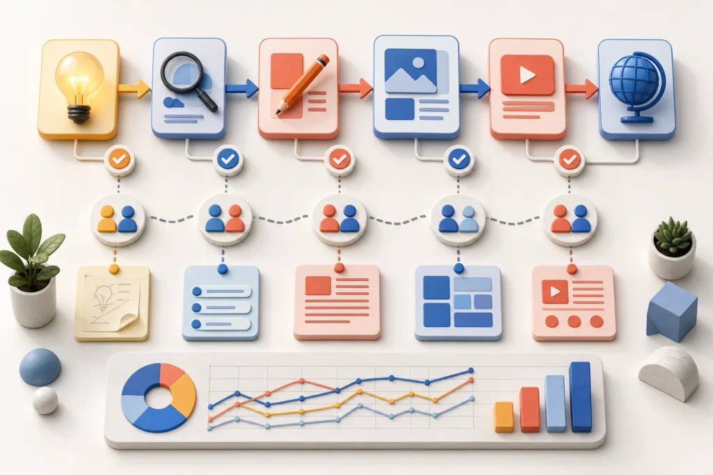 A polished editorial illustration of a color-coded workflow map made from connected cards, arrows, and checkpoints arranged from idea bulb to publishi...