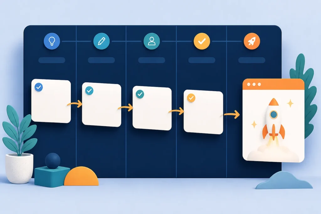 A polished editorial illustration of a miniature content workflow represented by a connected series of blank cards moving across a clean Kanban board,...