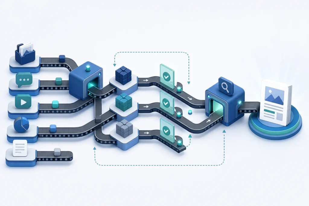 A polished editorial illustration of a modular content-production conveyor system: organized stages, branching pathways, approval checkpoints, quality...