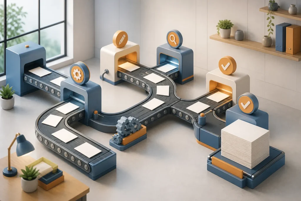 A polished editorial illustration of a scalable content workflow: a modular conveyor system carrying blank paper sheets through organized stages, with...