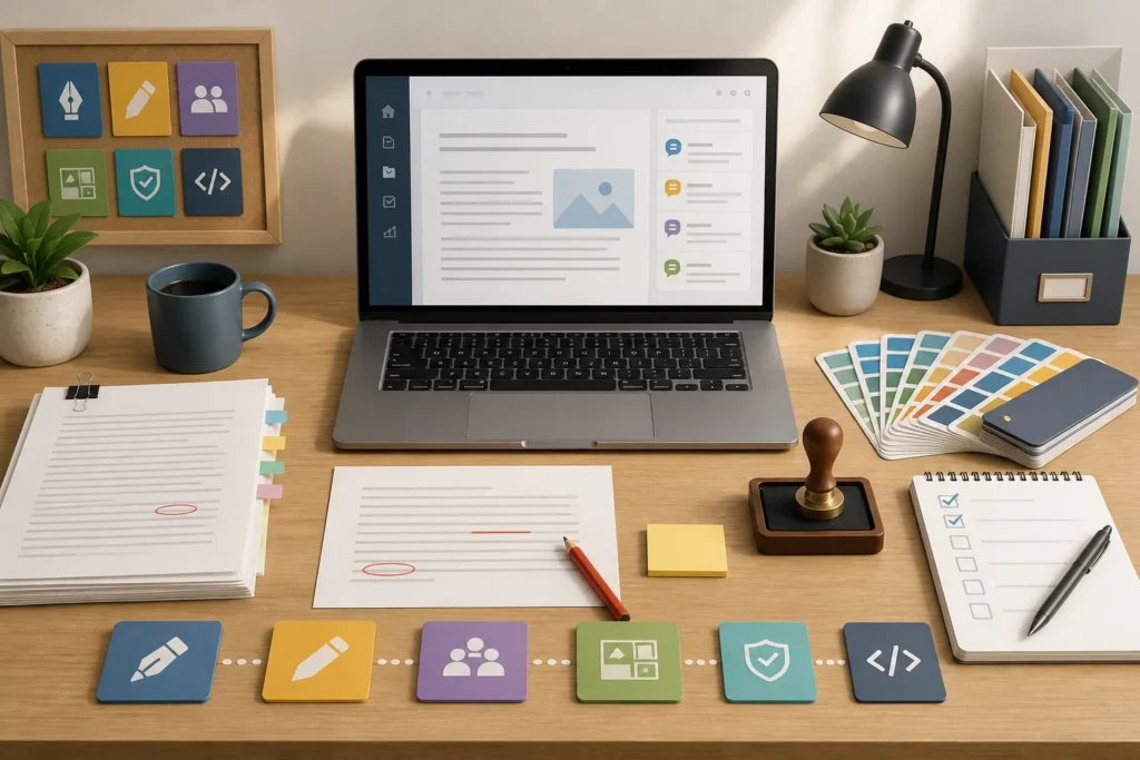 Create a clean editorial-style illustration of a content production workflow represented by a single organized desk with a laptop, manuscript pages, e...