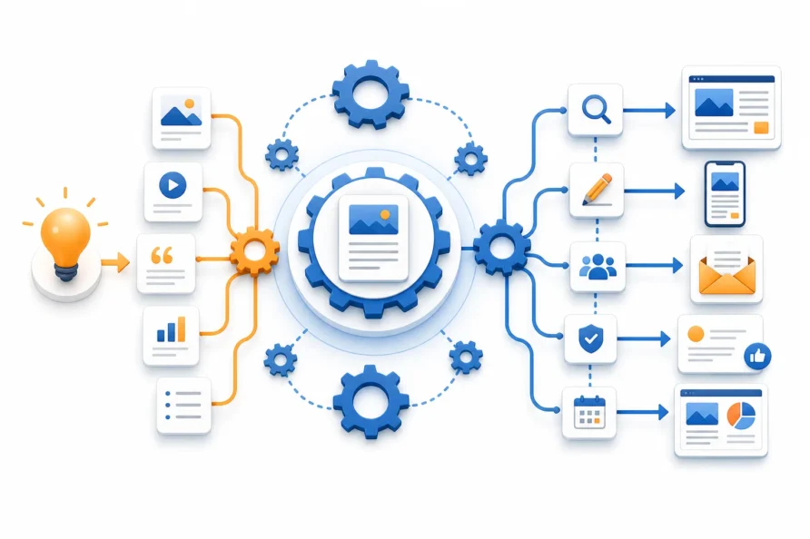Create a polished editorial illustration of a scalable content workflow: multiple connected gears, cards, and branching paths moving from idea to publ...