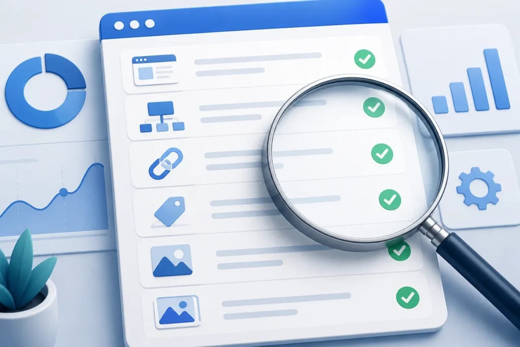 Which on-page elements—such as titles, headings, internal links, and metadata—should you check when diagnosing
